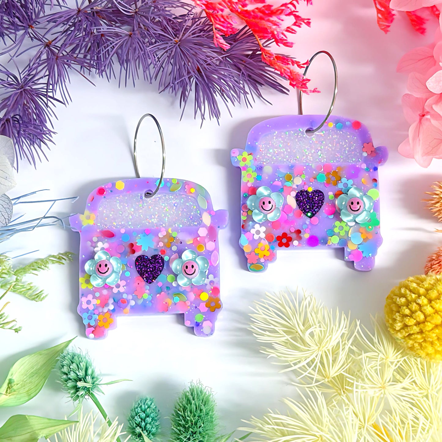 THE HAPPIEST CAMPER : VIOLET DOTTY DAISY : Choose your colour Handmade Resin DROP Earrings