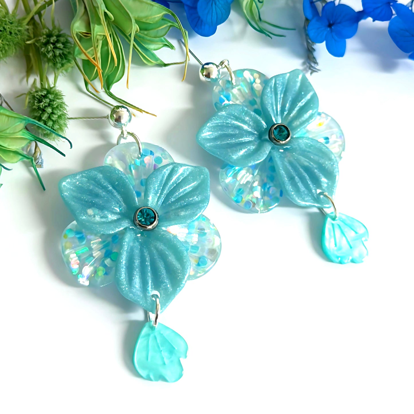 3D PANSIES with handset Swarovski Crystal centres : Handmade Resin DROP Earrings