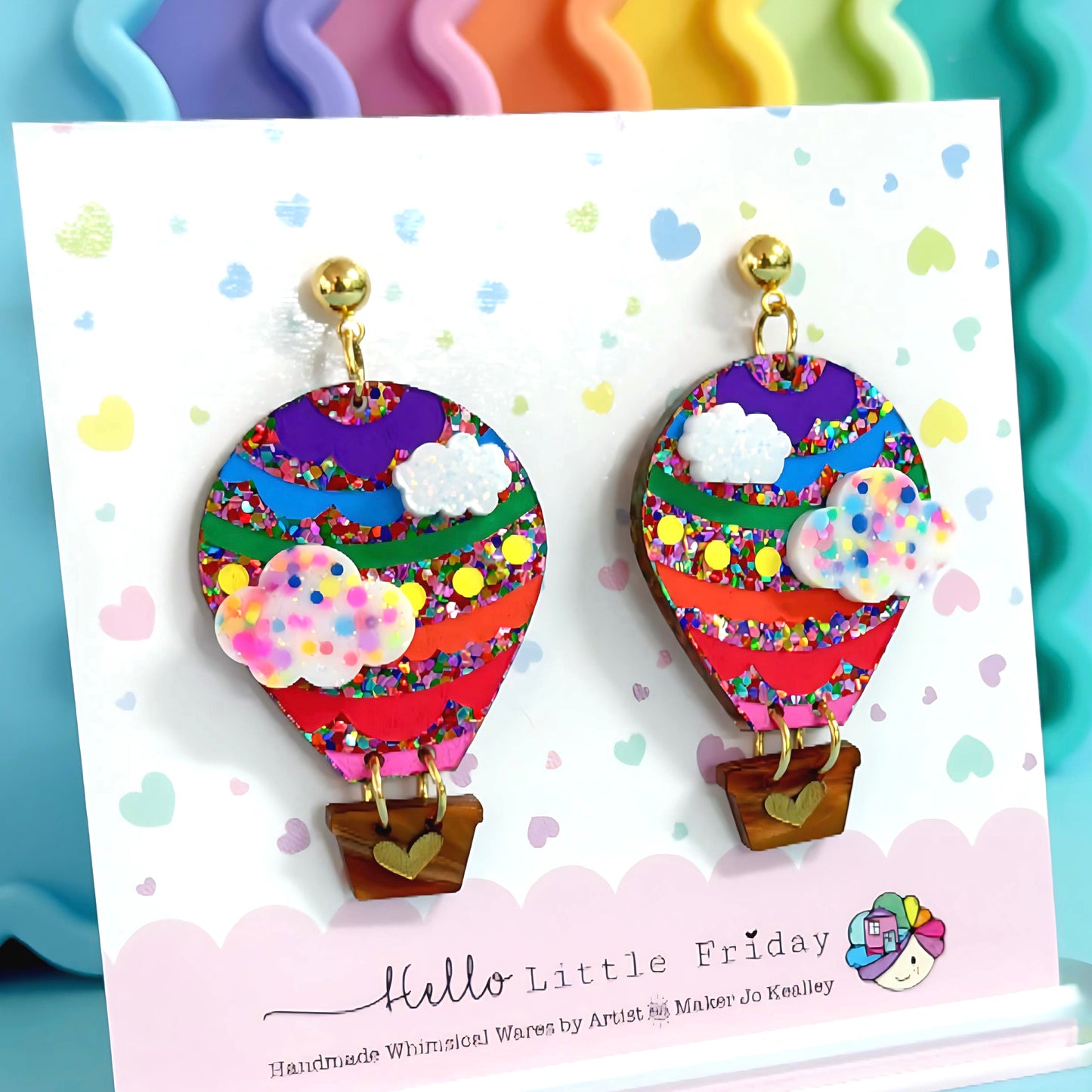 LET’S FLY AWAY : Bright Rainbow : HOT AIR BALLOONS : Handmade Resin & Acrylic DROP Earrings by