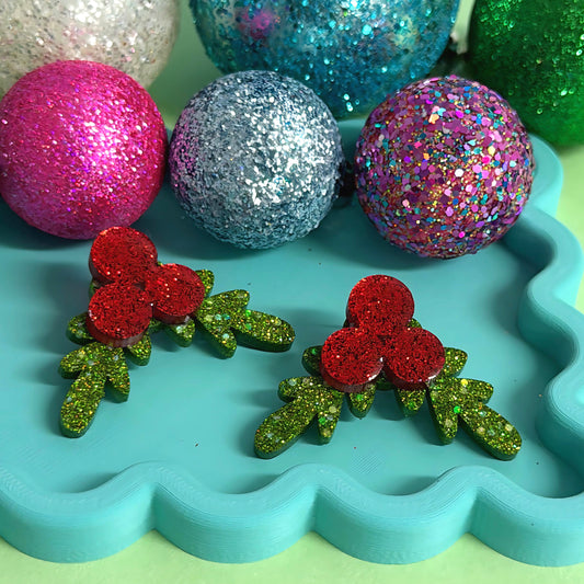 FESTIVE HOLLY : Handmade Resin & Acrylic Statement STUD Earrings