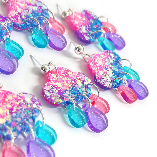 GLOWING IRIDESCENT CLOUDS : Handmade Resin & Acrylic Drop Earrings