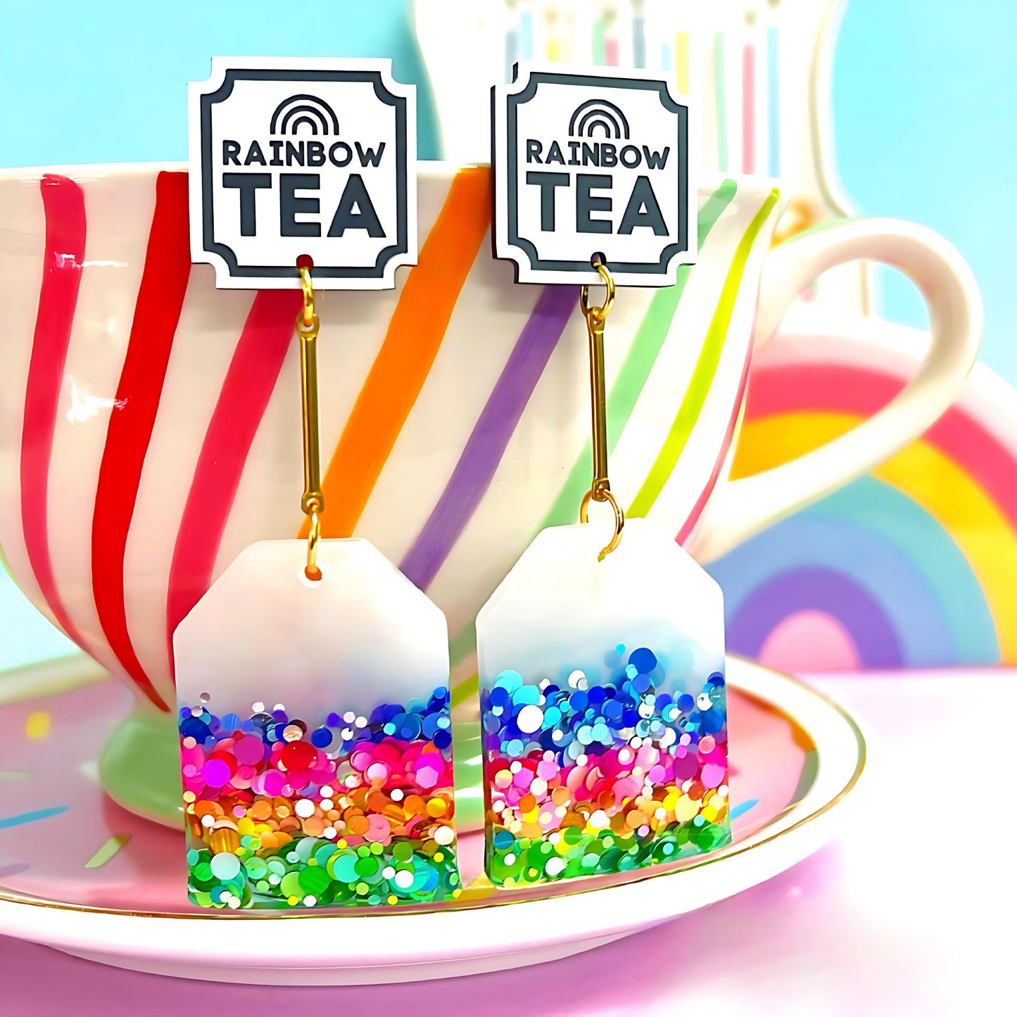 RAINBOW TEA : Handmade Resin & Acrylic Stud-top DROP Earrings