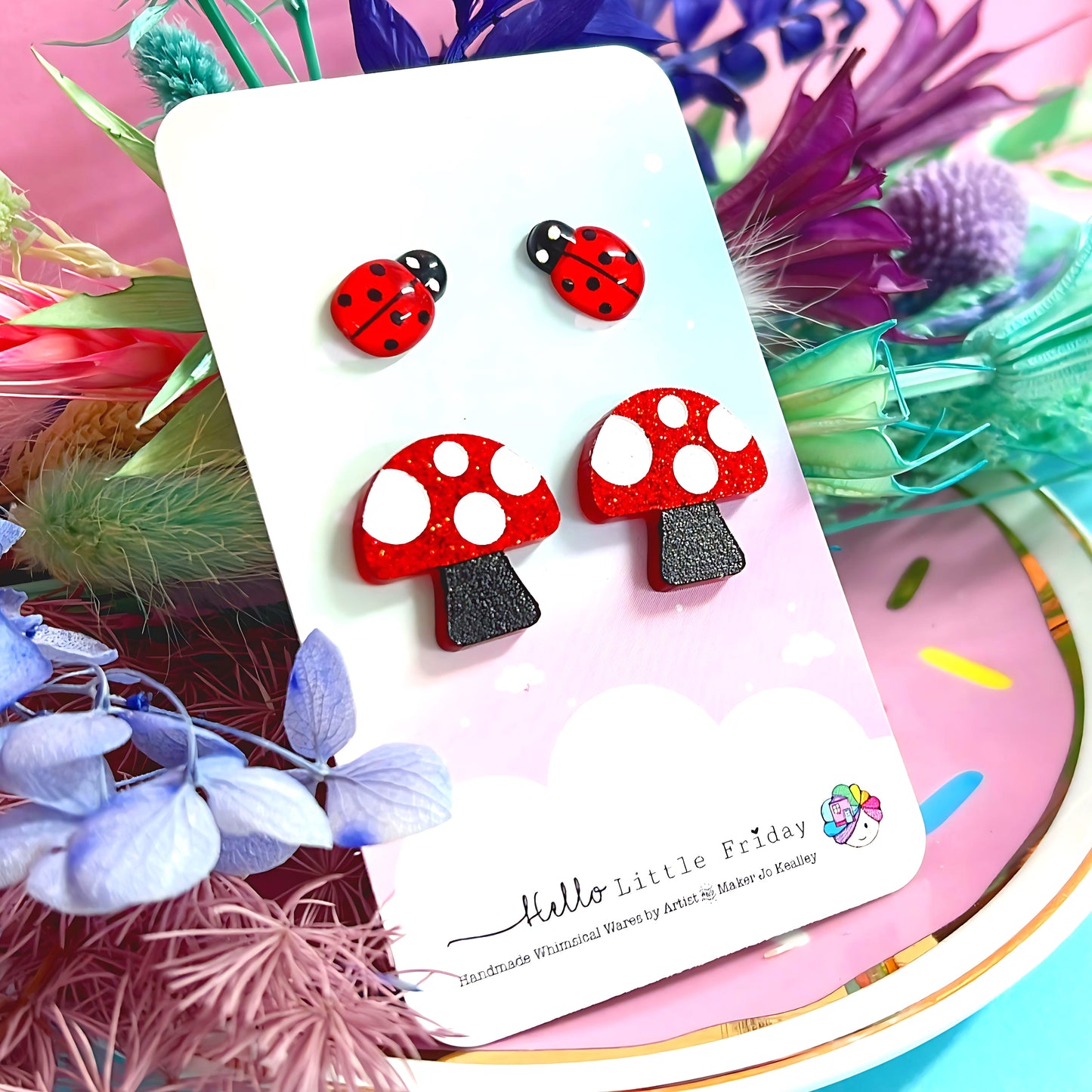 LADYBIRDS & MUSHROOMS SET : Handmade Acrylic STUDS