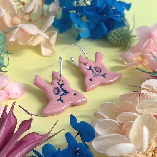 One of a kind : BOTANICA CERAMICA : Petal Pink : BLUEBIRDS : Ceramic Earrings by Jo Kealley