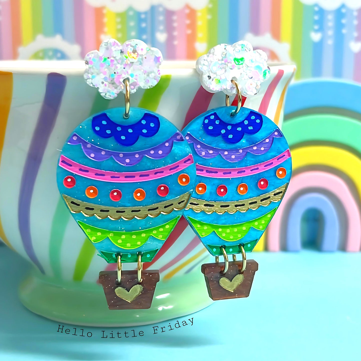 LET’S FLY AWAY : SKY BLUE SHIMMER HOT AIR BALLOONS : Handmade Resin & Acrylic Drop Earrings