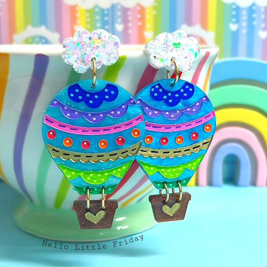 LET’S FLY AWAY : SKY BLUE SHIMMER HOT AIR BALLOONS : Handmade Resin & Acrylic Drop Earrings