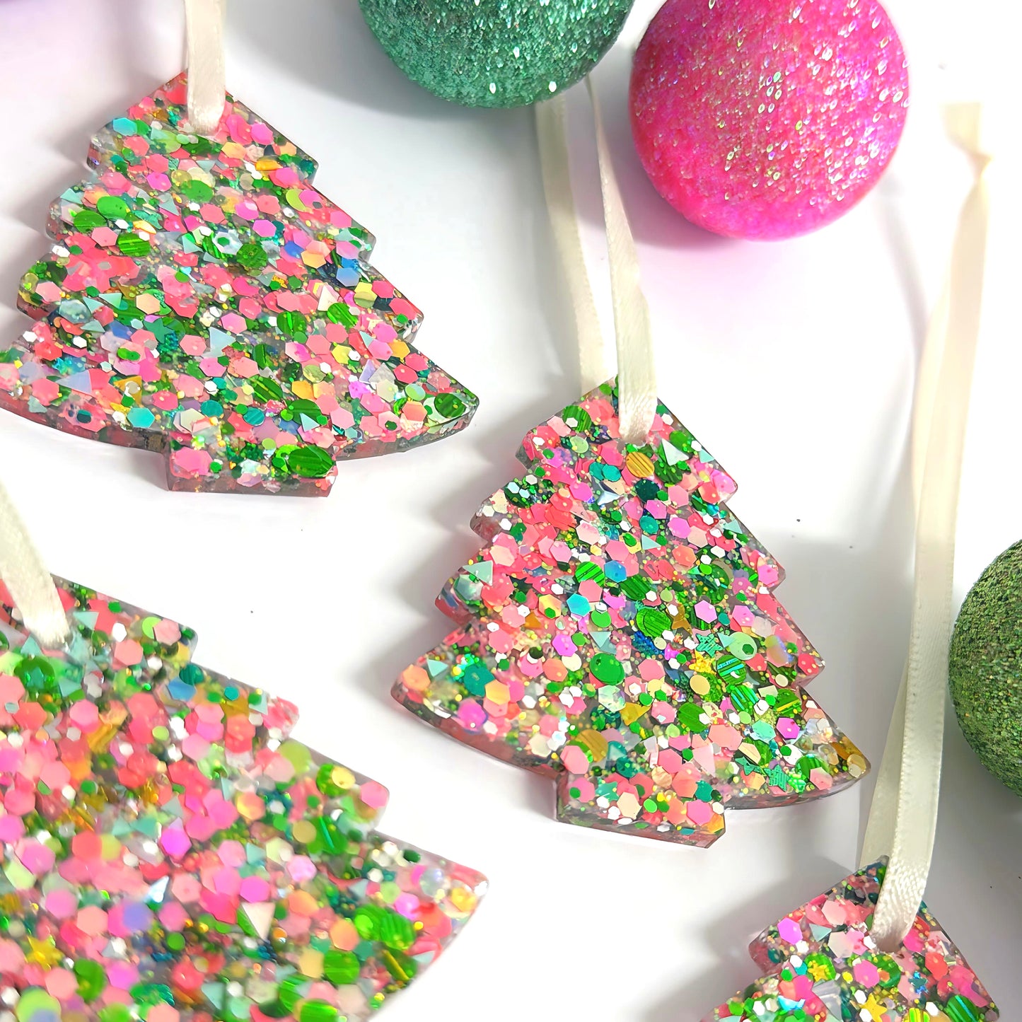 CHRISTMAS TREE : PINK & GREEN CONFETTI : Handmade Resin Tree Ornaments