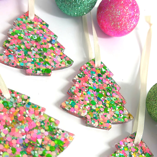 CHRISTMAS TREE : PINK & GREEN CONFETTI : Handmade Resin Tree Ornaments