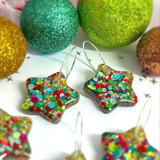 FESTIVE DISCO STARS : Handmade Resin DROP Earrings