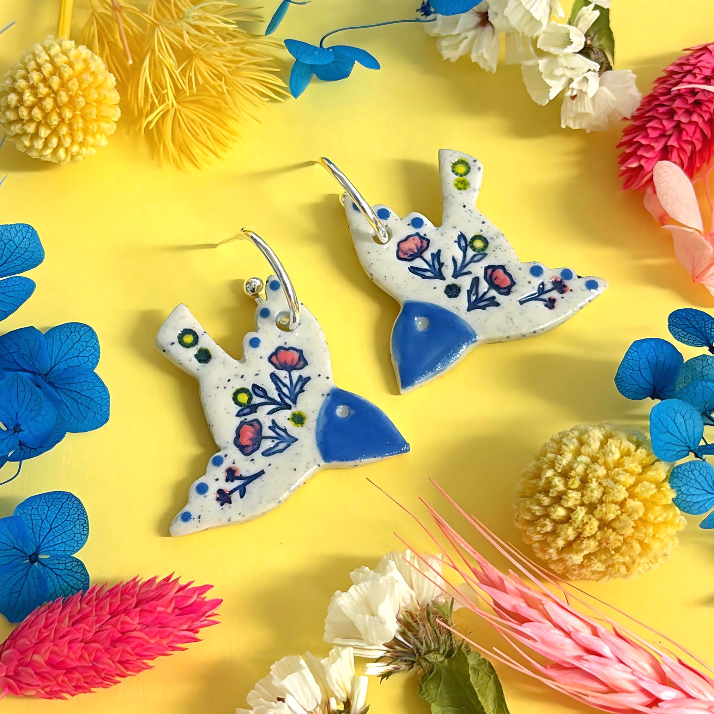 BOTANICA CERAMICA : BLUEBIRDS : Ceramic Earrings by Jo Kealley