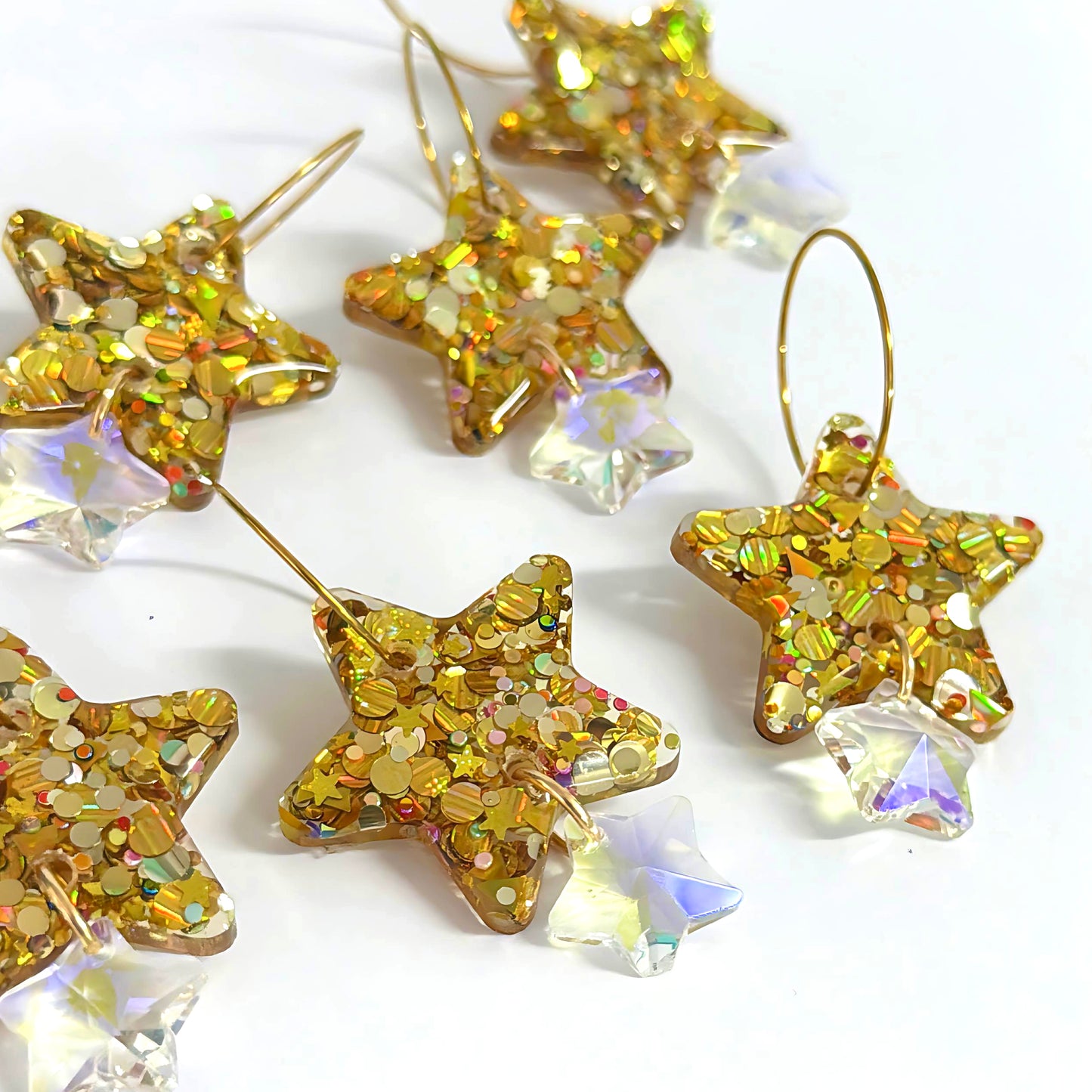 TWINKLING LIGHTS STARS with Swarovski Crystal drops : Handmade Resin DROP Earrings
