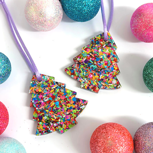 CHRISTMAS TREE : RAINBOW TINSEL : Handmade Resin Tree Ornaments