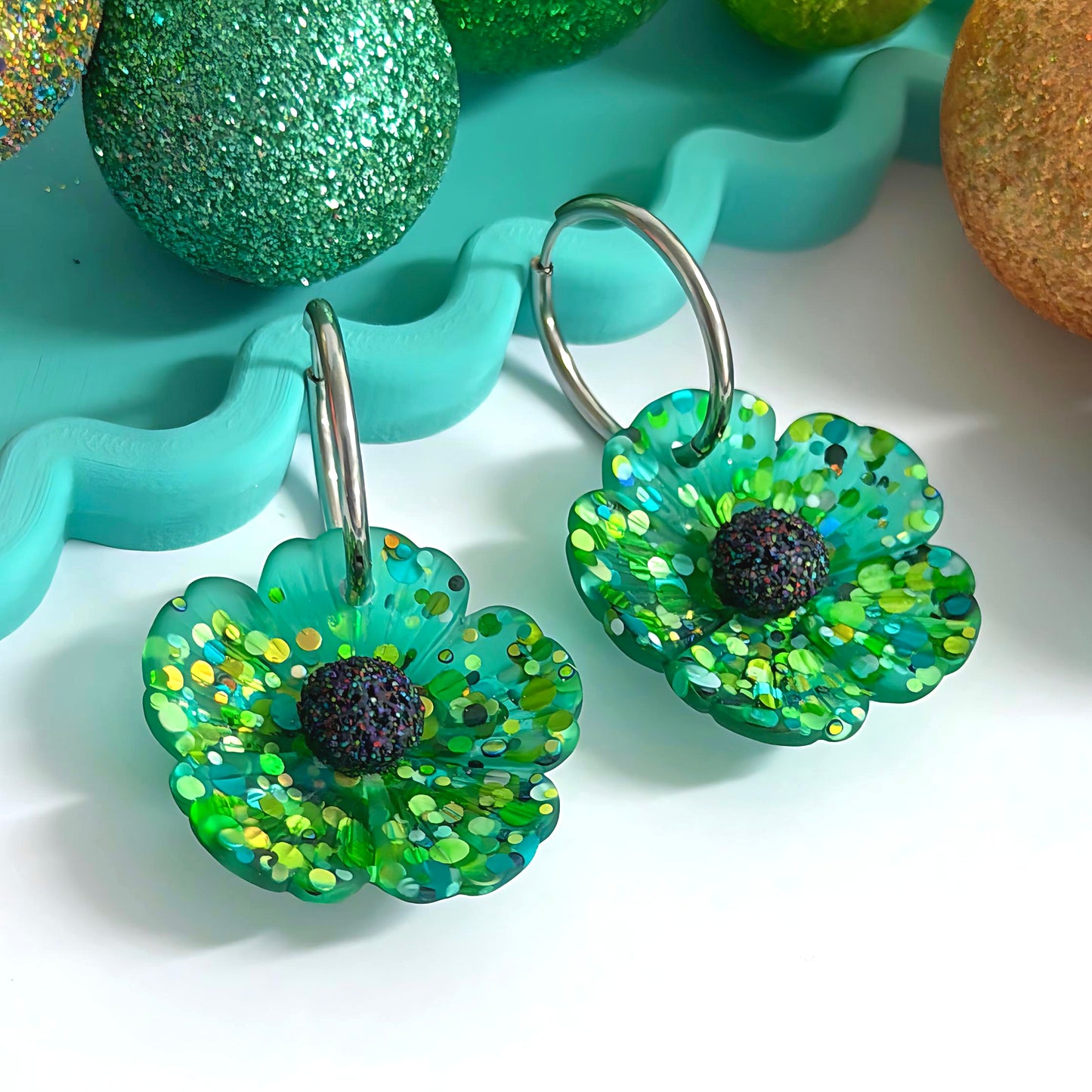 CONFETTI POPPIES : EMERALD GREEN : Handmade Resin Drop Earrings on Huggie Hoops