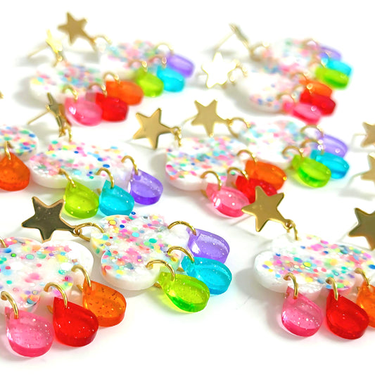 FUNFETTI CLOUDS : Asymmetric Pastel Rainbow l: Handmade Resin & Acrylic Drop Earrings