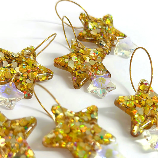 TWINKLING LIGHTS STARS with Swarovski Crystal drops : Handmade Resin DROP Earrings