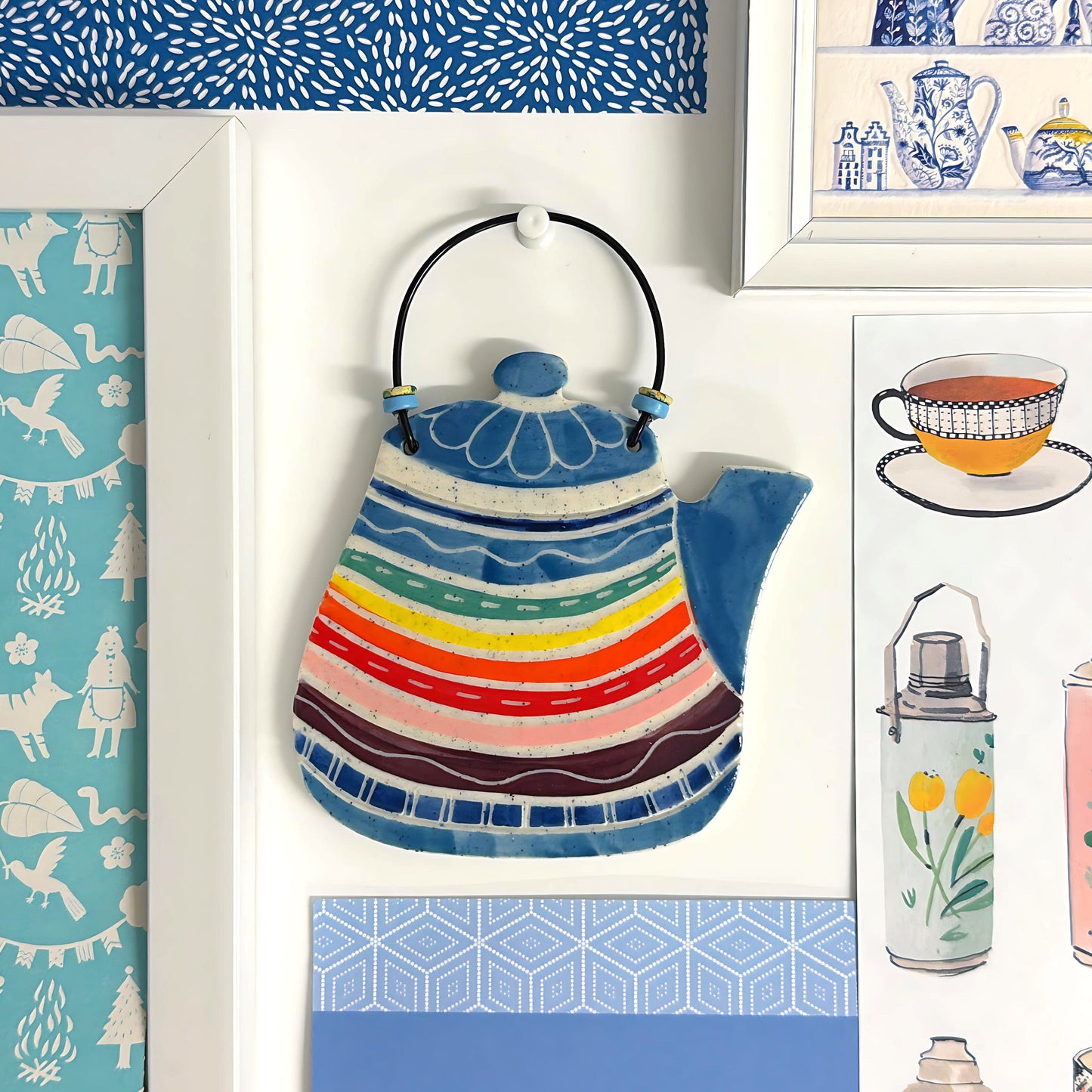 Hello Little RETRO TEAPOT : 2 : Handpainted Ceramic Wall Plaque Artwork by Jo Kealley