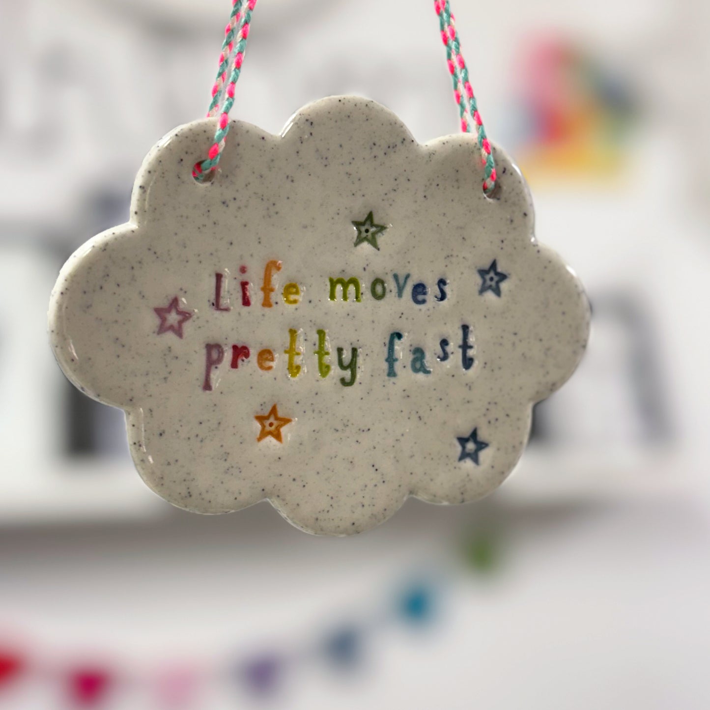 LIFE MOVES PRETTY FAST Wall Art : One of a kind : Handmade Ceramic Ornament by Jo Kealley