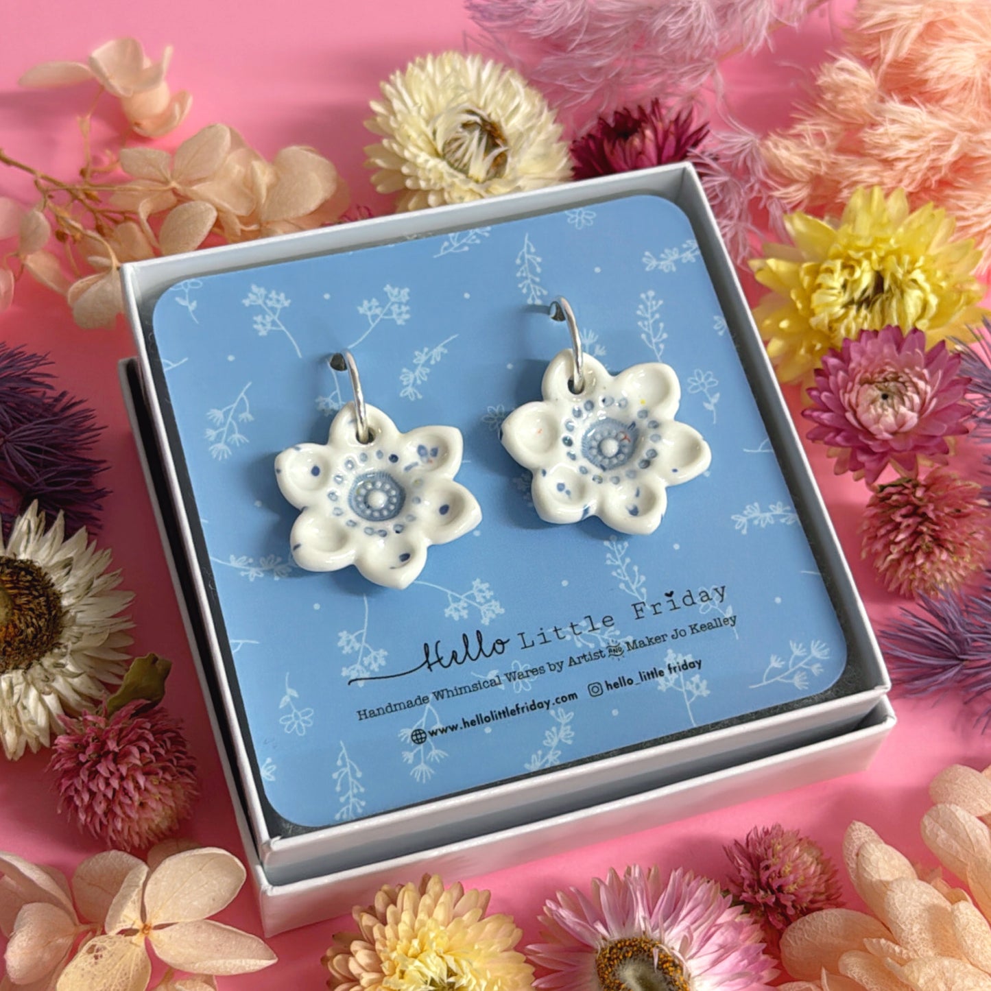 DELFT & WHITE STARFLOWERS ~ One of a kind : PORCELAIN Drop Earrings by Jo Kealley