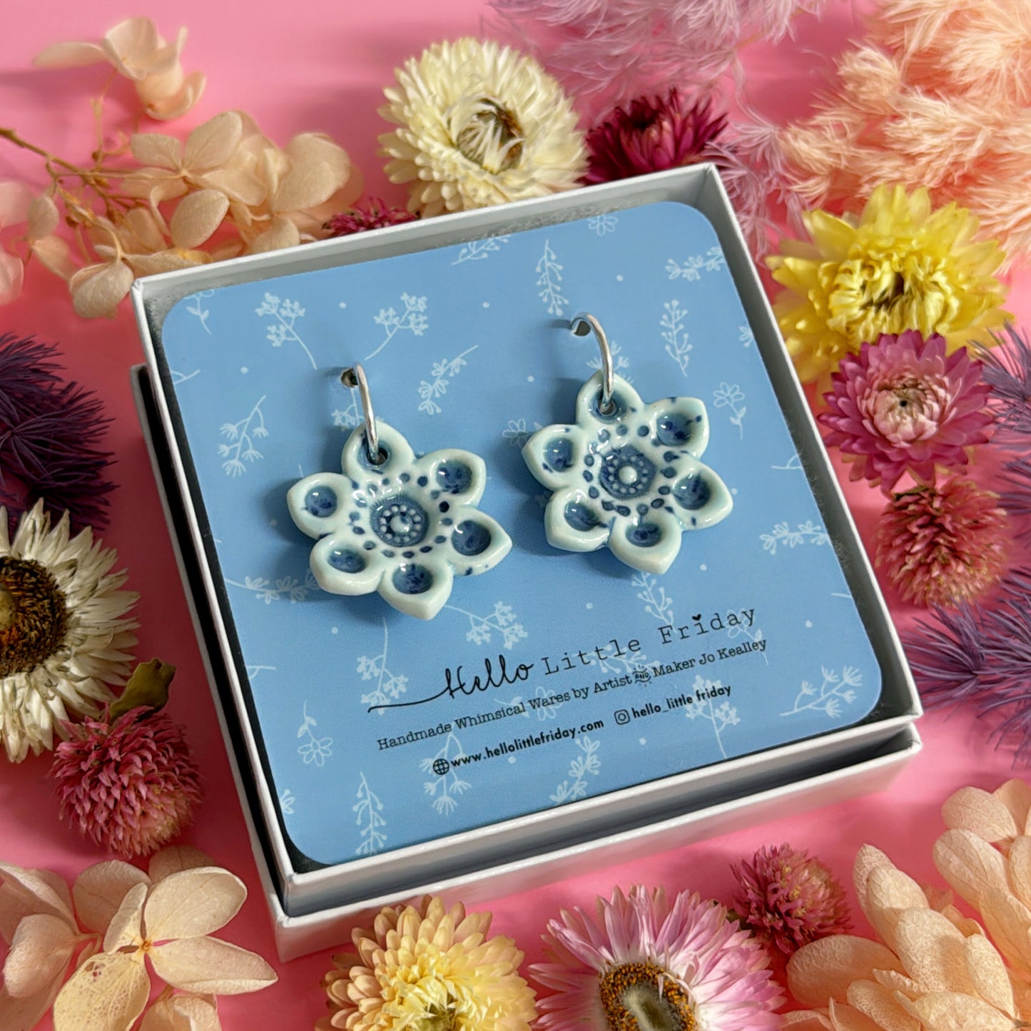 DELFT & BLUE MIST STARFLOWERS ~ One of a kind : PORCELAIN Drop Earrings by Jo Kealley