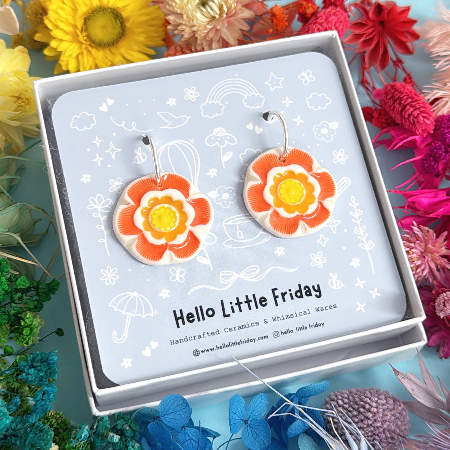 PEONIES Peaches & Sunshine ~ One of a kind pair : PORCELAIN Drop Earrings Handmade by Jo Kealley