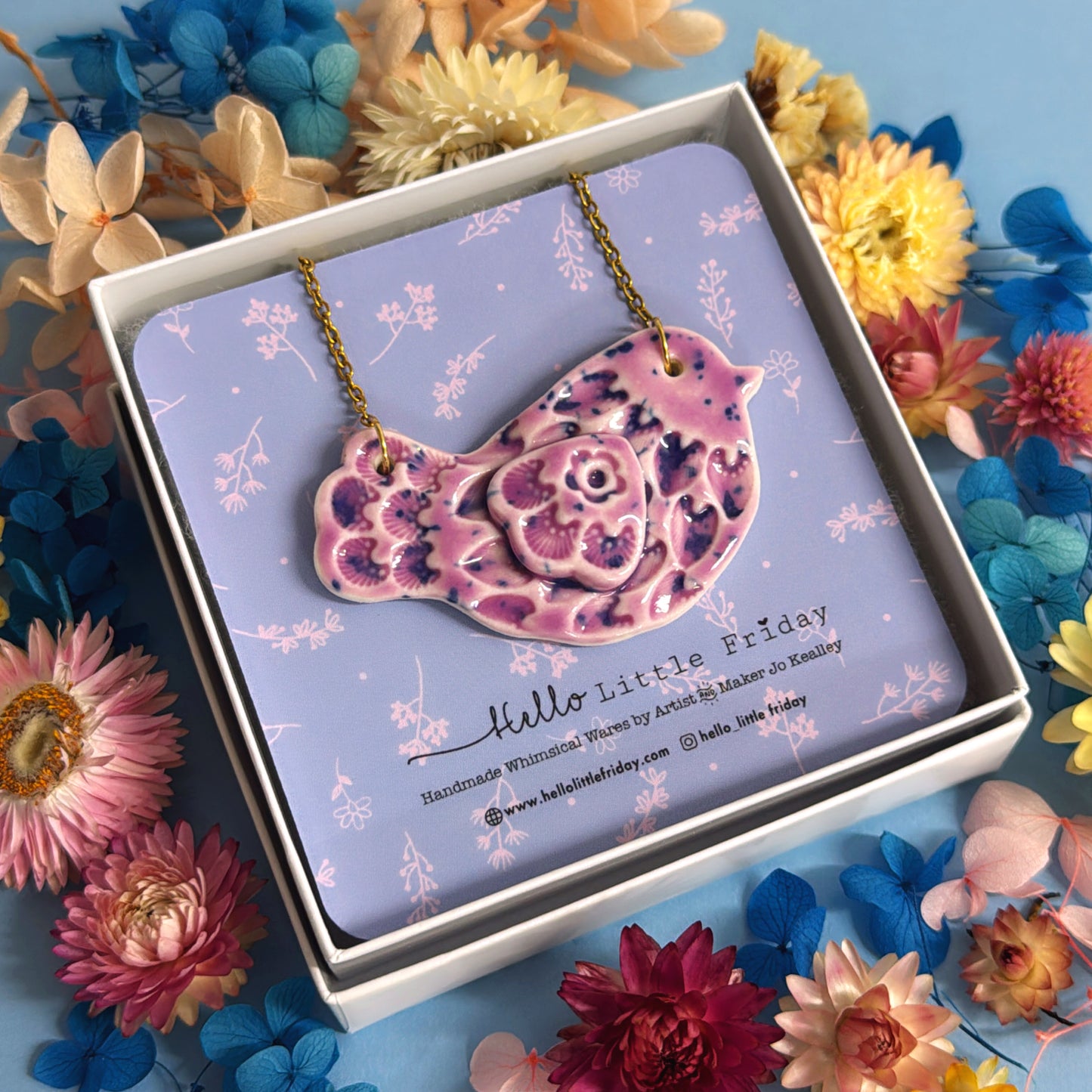 BLUEBIRD Lilac Lavender speckled ~ One of a kind : Medium Porcelain Pendant handmade by Jo Kealley