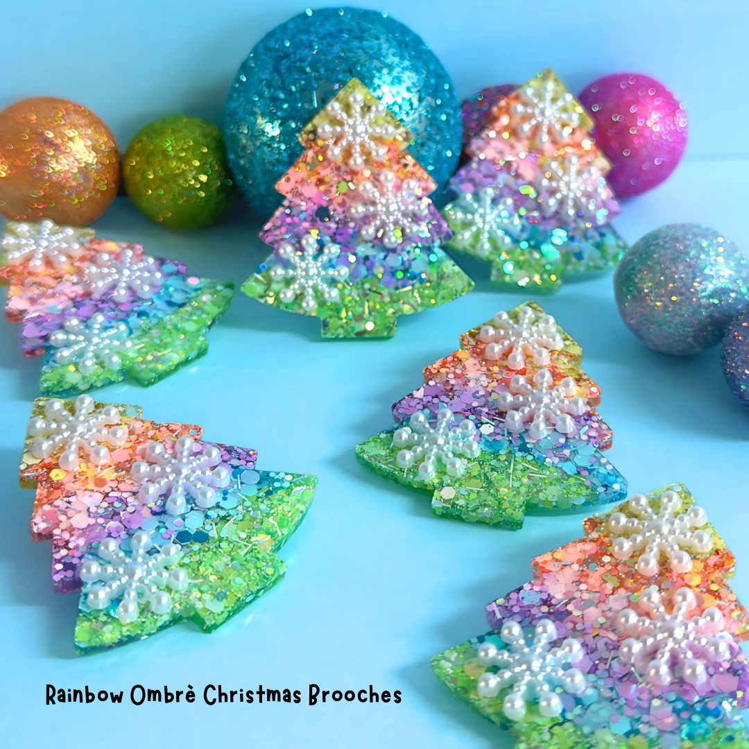 SNOWFLAKES CHRISTMAS TREE : RAINBOW OMBRÈ : Handmade Resin Tree BROOCH
