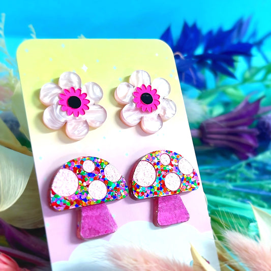 BLOSSOMS & MUSHROOMS SET : Handmade Acrylic STUDS