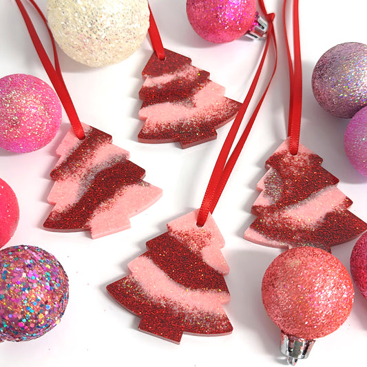 CHRISTMAS TREE : PINK & RUBY CONFETTI : Handmade Resin Tree Ornaments