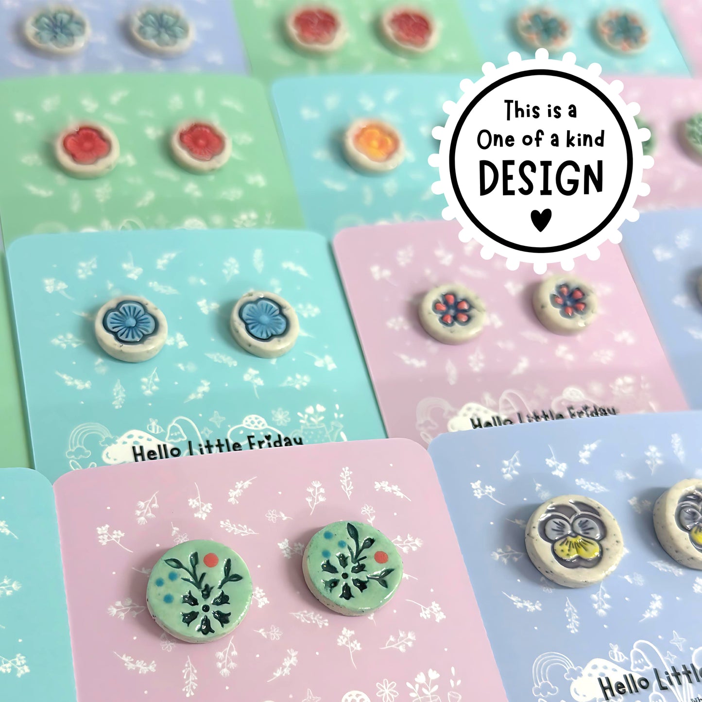 One of a kind pairs : BOTANICA CERAMICA STUDS : Choose your design : Handmade Ceramic STUD Earrings by Jo Kealley
