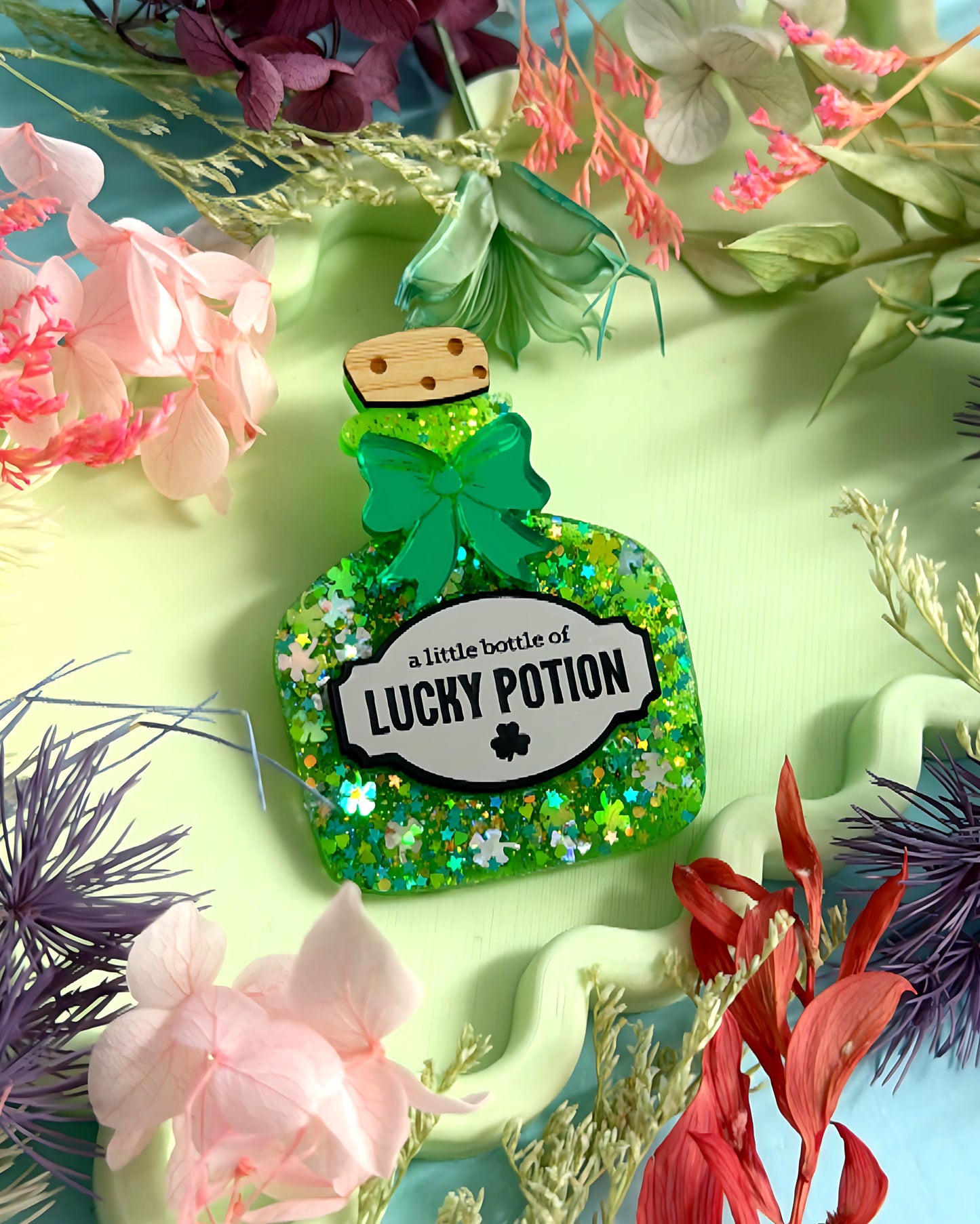 A BOTTLE JAR OF : LUCKY POTION : Handmade Resin & Acrylic BROOCH