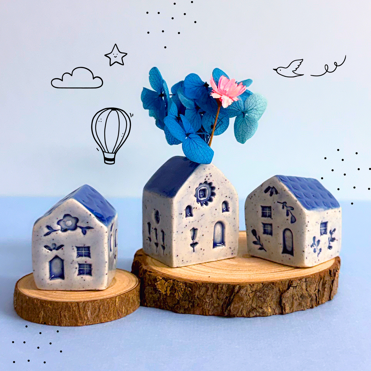 Hello Little HOMES Delft Blue 3 : Small : Choose your design : Handmade Ceramic Vases & Sculptures by Jo Kealley