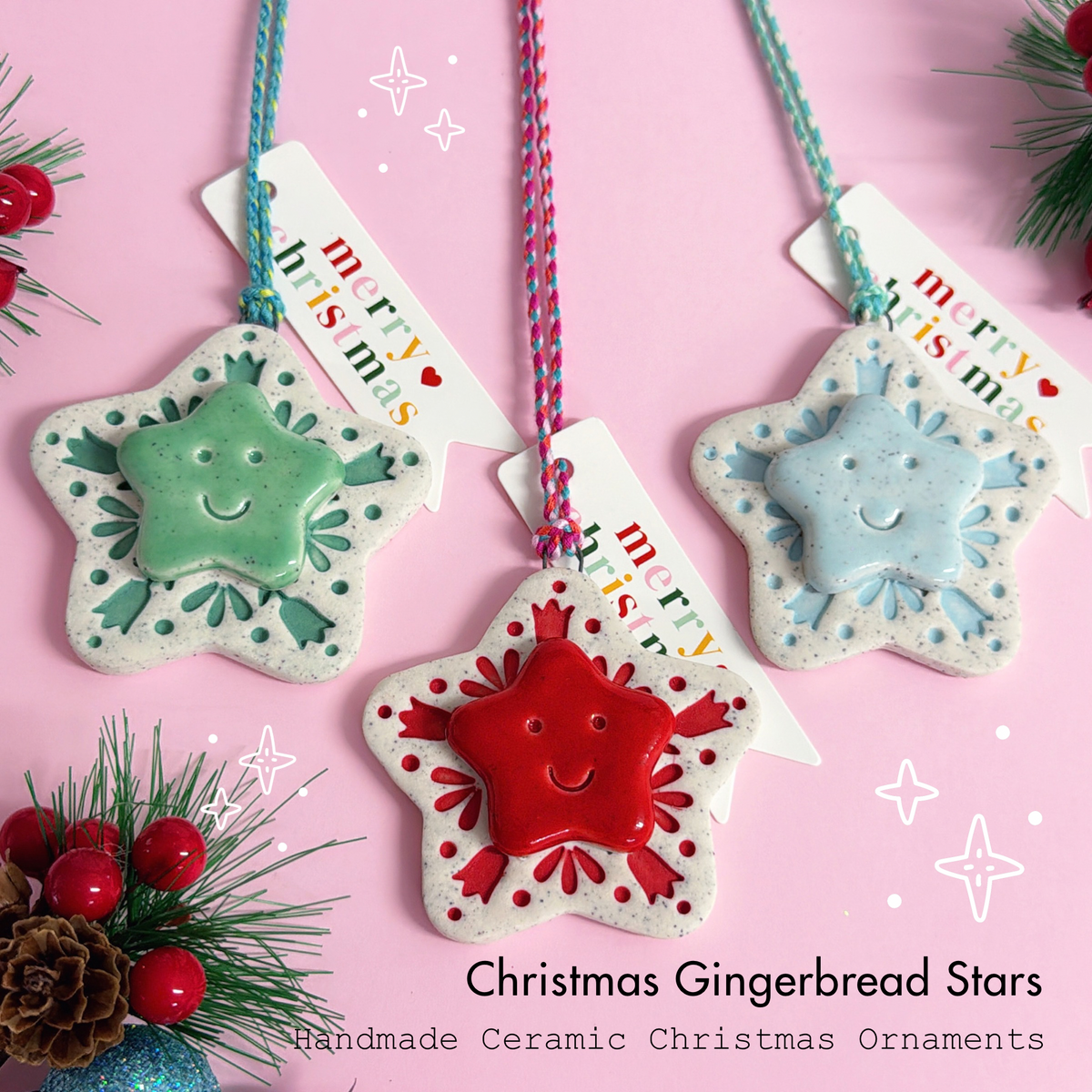 Christmas Gingerbread Star ~ Choose your colours : Medium ~ Handmade Ceramic Christmas Ornaments by Jo Kealley