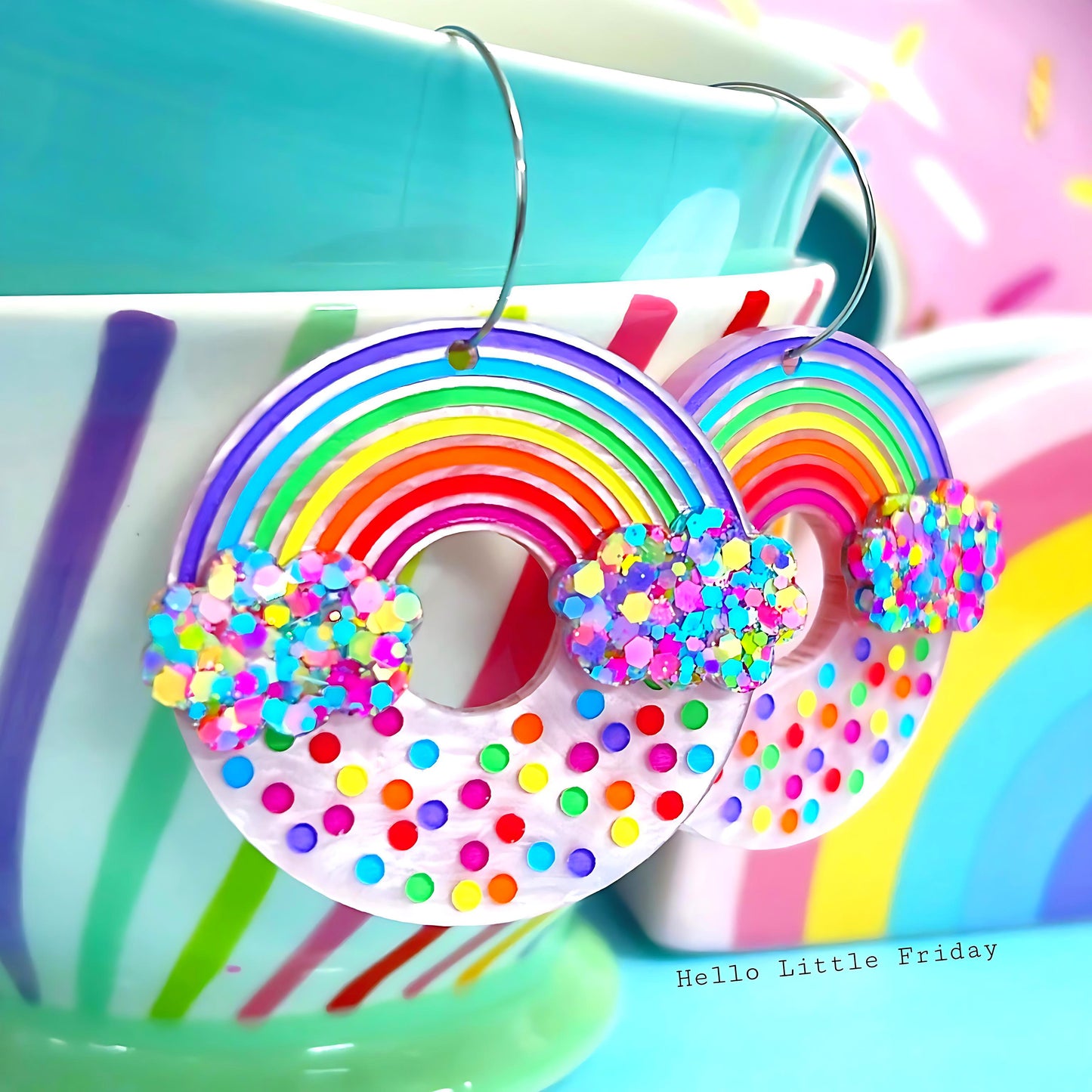 FAIRY BREAD DONUTS : STRAWBERRY SHIMMER : Handpainted Acrylic & Cast Resin Drop Earrings