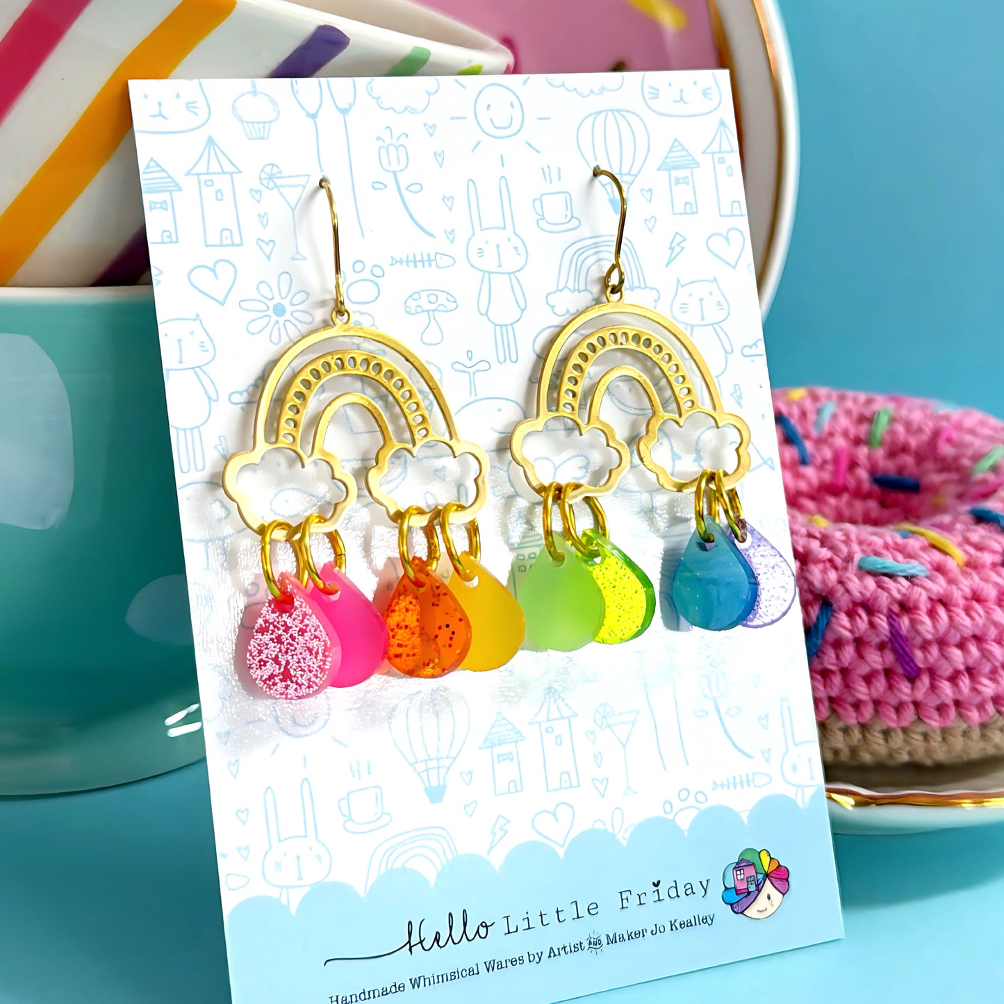 IT’S RAINING RAINBOWS SPARKLES : Antique : Handmade Brass & Acrylic DROP Earrings