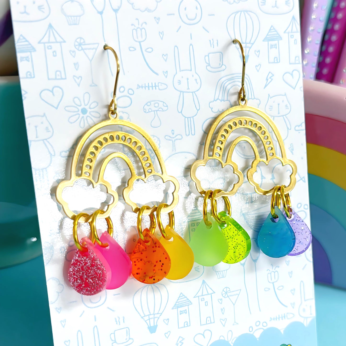 IT’S RAINING RAINBOWS SPARKLES : Antique : Handmade Brass & Acrylic DROP Earrings