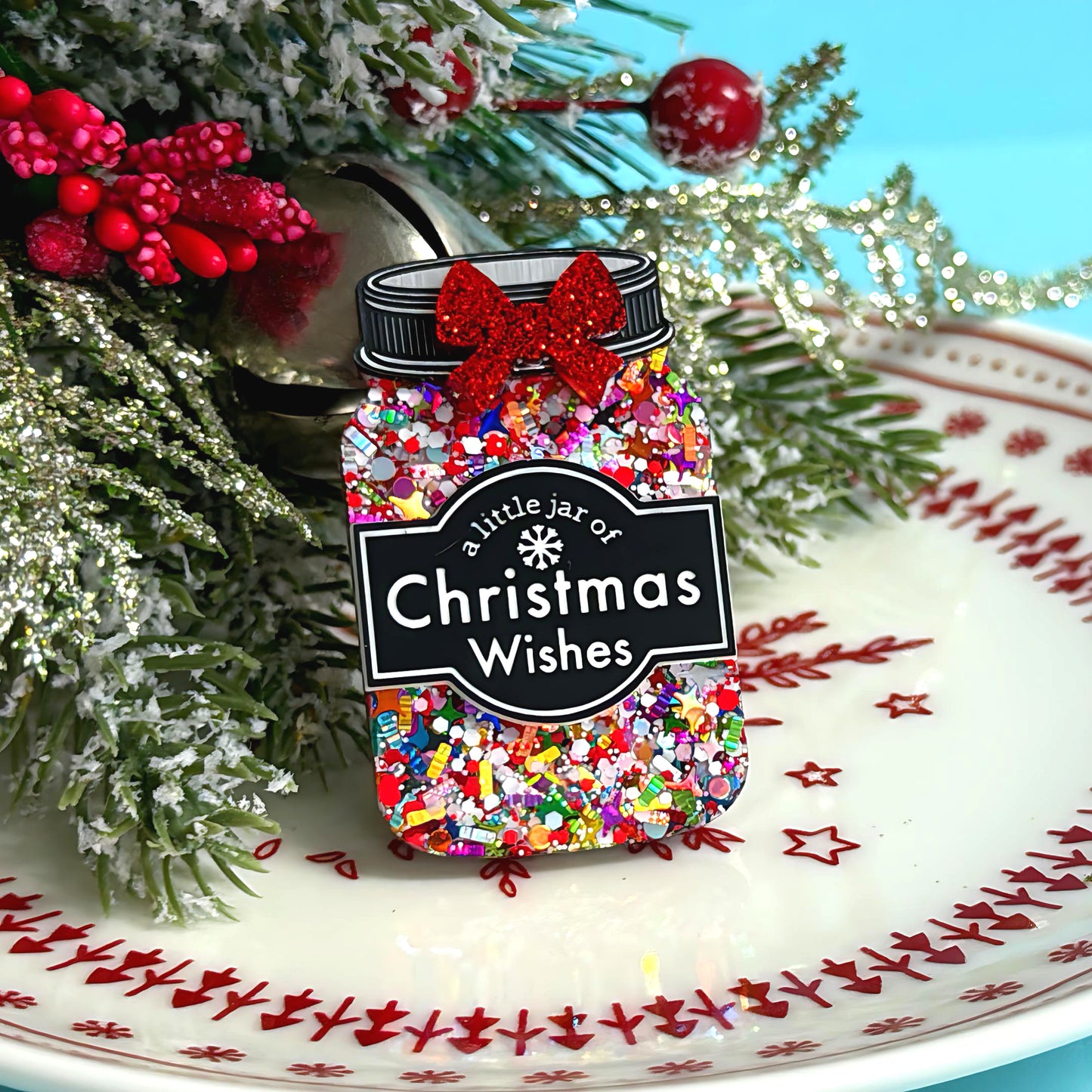 A LITTLE JAR OF : CHRISTMAS WISHES : Rainbow Tinsel : Handmade Resin & Acrylic BROOCH
