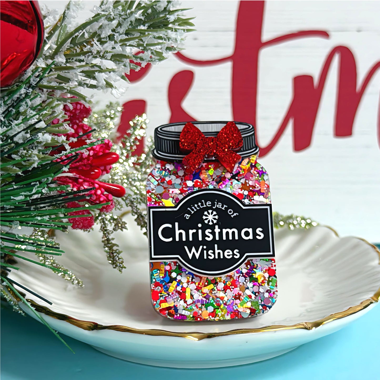 A LITTLE JAR OF : CHRISTMAS WISHES : Rainbow Tinsel : Handmade Resin & Acrylic BROOCH