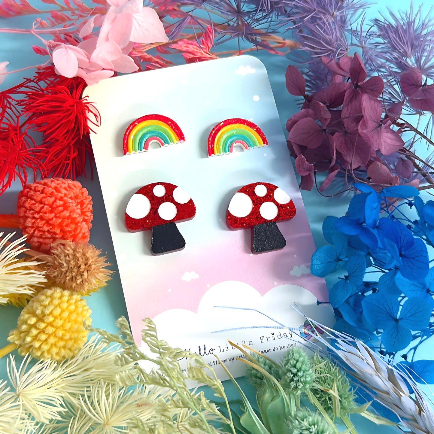 RAINBOWS & MUSHROOMS SET : Handmade Acrylic STUDS (Copy)