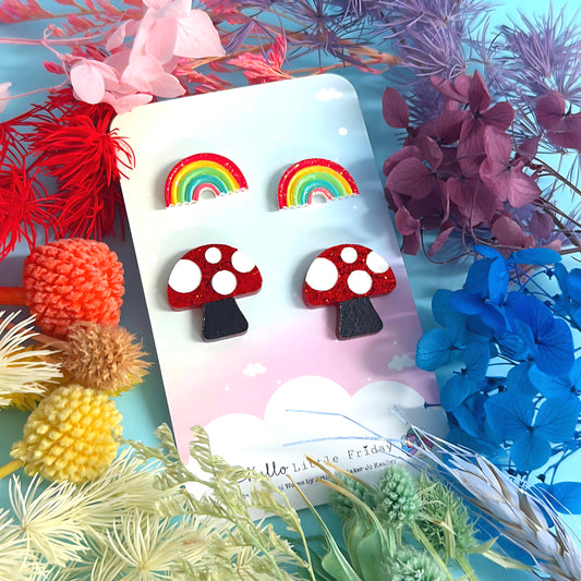 RAINBOWS & MUSHROOMS SET : Handmade Acrylic STUDS (Copy)