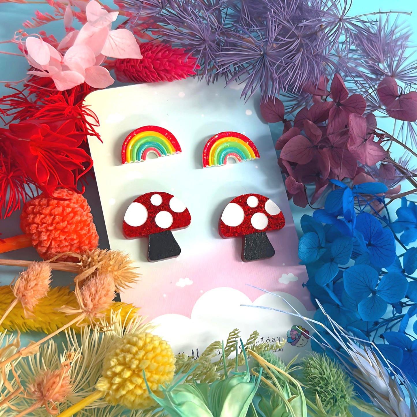 RAINBOWS & MUSHROOMS SET : Handmade Acrylic STUDS (Copy)