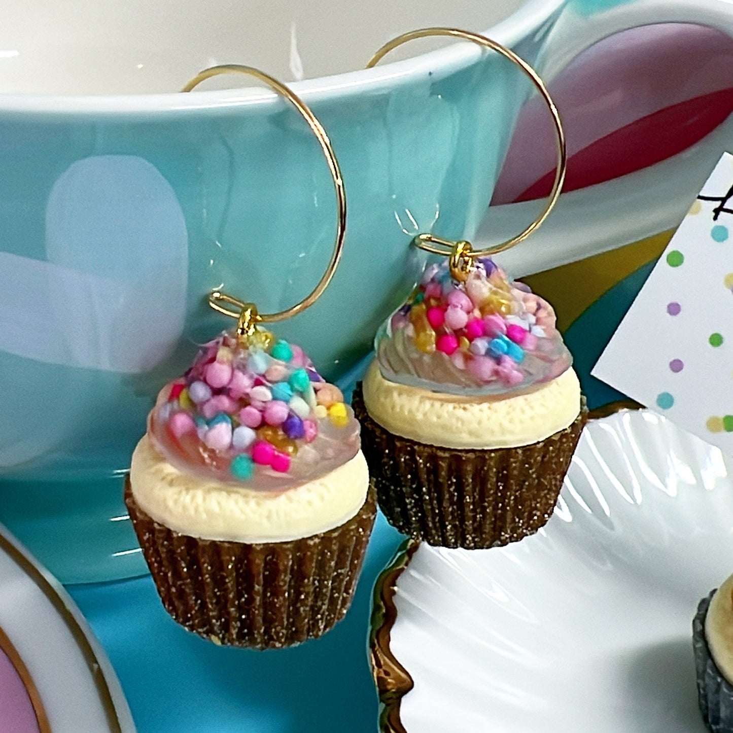 RAINBOW SPRINKLE CUPCAKES: Handmade Resin Earrings : Brooches : Pendants