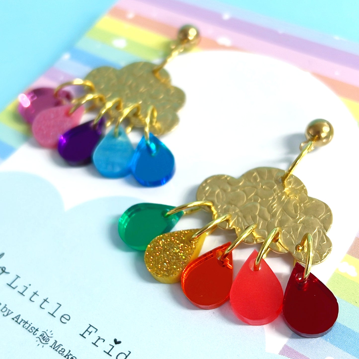 IT’S RAINING RAINBOWS : Antique : Handmade Brass & Acrylic Stud-top DROP Earrings
