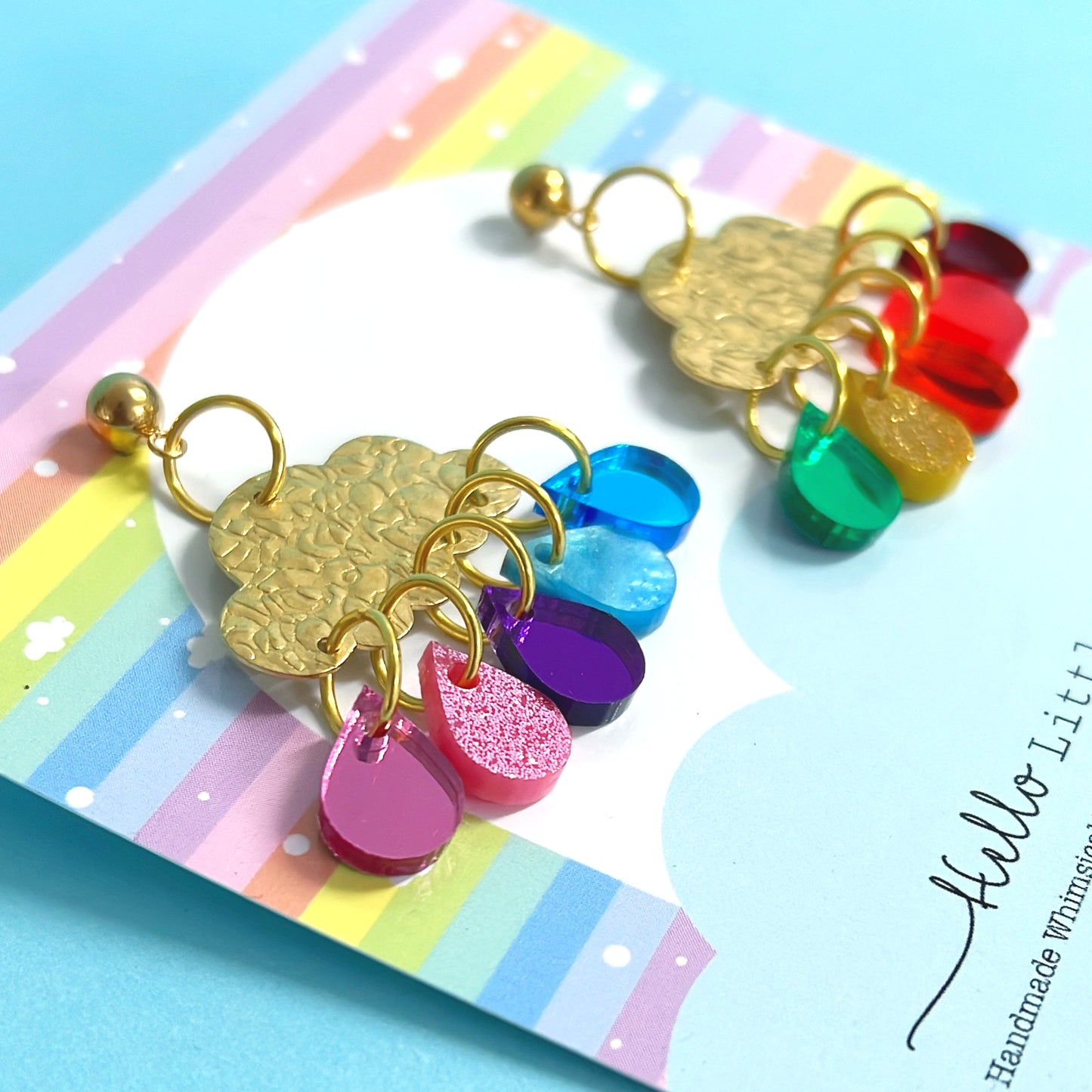 IT’S RAINING RAINBOWS : Antique : Handmade Brass & Acrylic Stud-top DROP Earrings