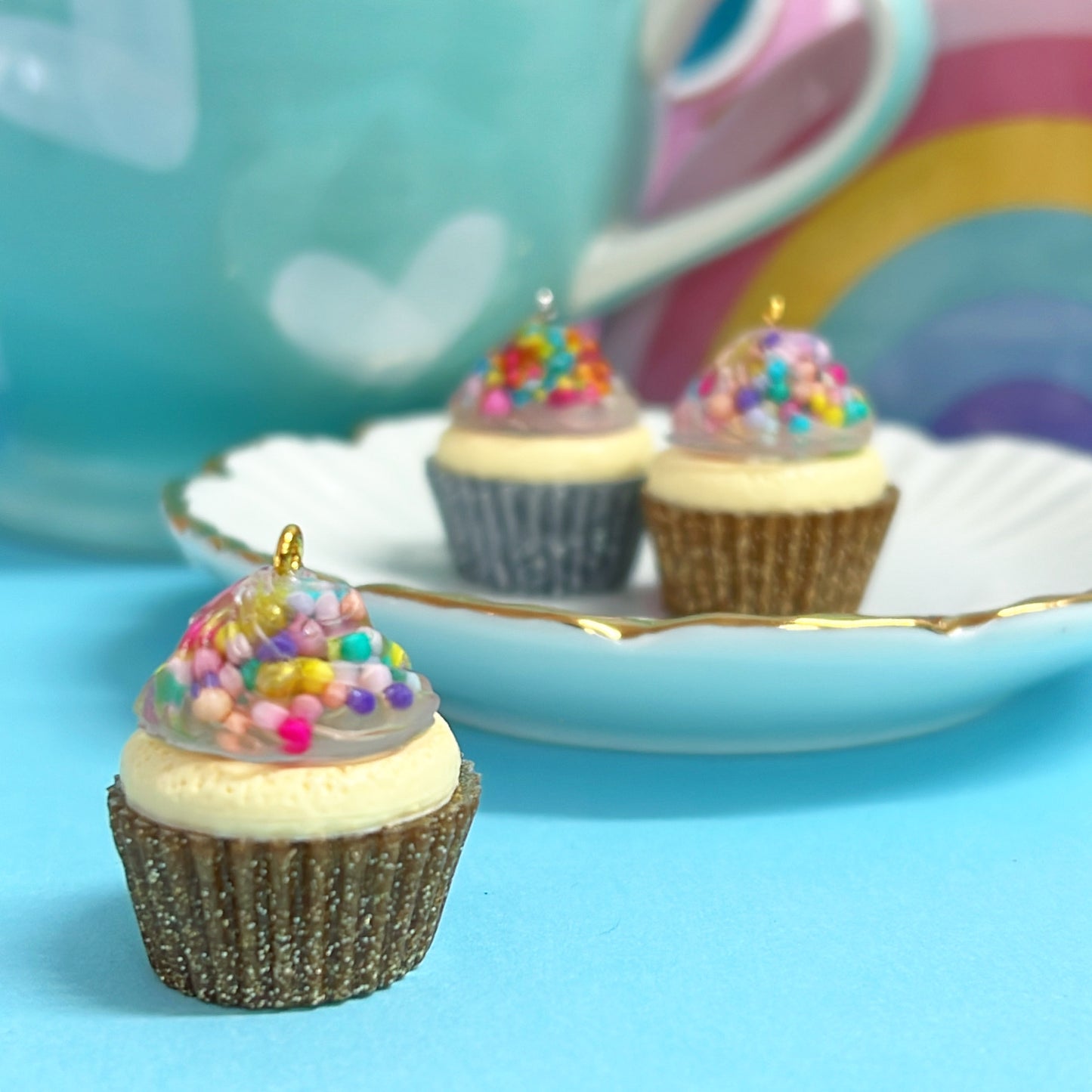 RAINBOW SPRINKLE CUPCAKES: Handmade Resin Earrings : Brooches : Pendants