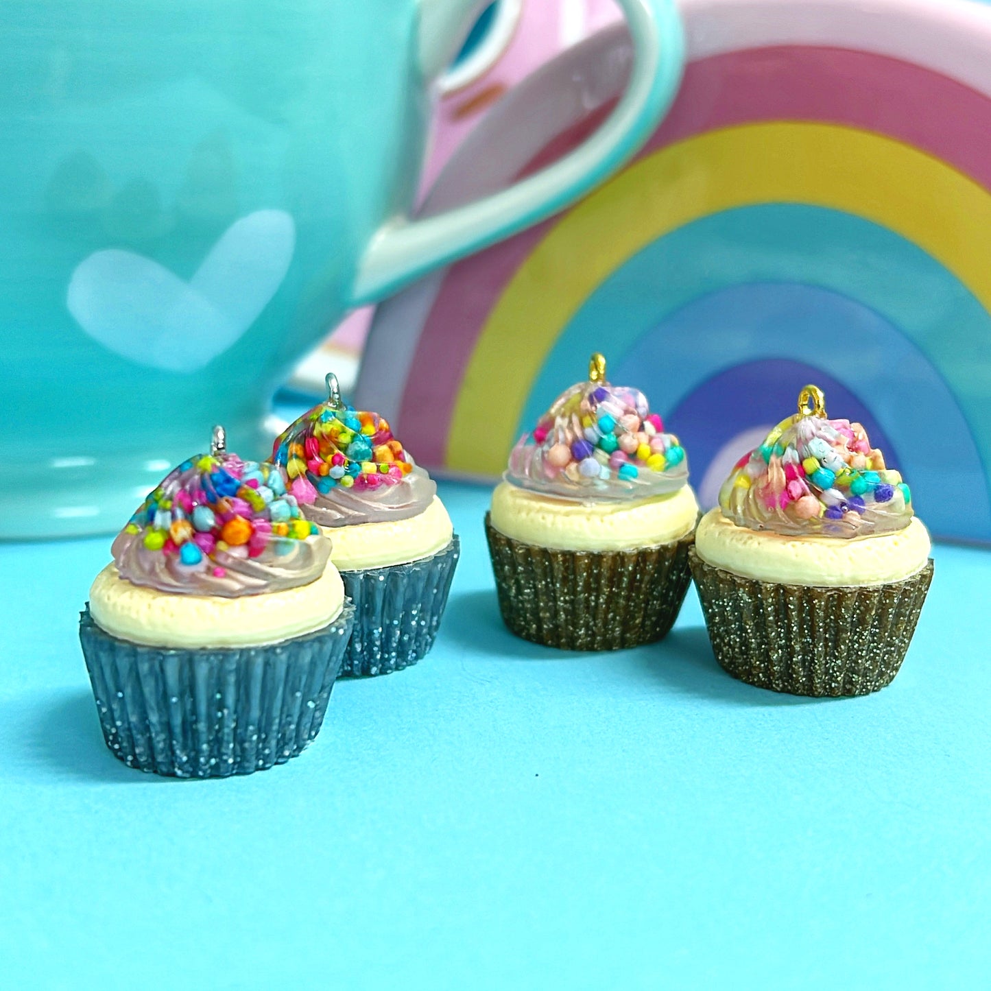 RAINBOW SPRINKLE CUPCAKES: Handmade Resin Earrings : Brooches : Pendants