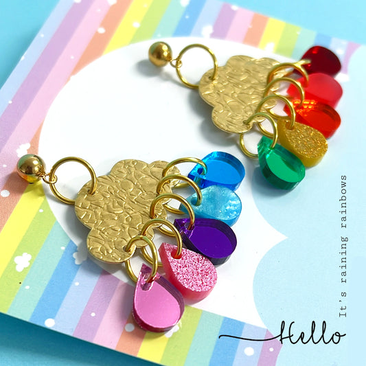 IT’S RAINING RAINBOWS : Antique : Handmade Brass & Acrylic Stud-top DROP Earrings