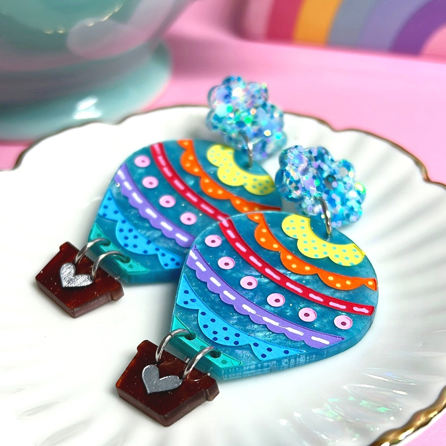 LET’S FLY AWAY : SKY BLUE SHIMMER HOT AIR BALLOONS : Handmade Resin & Acrylic Drop Earrings