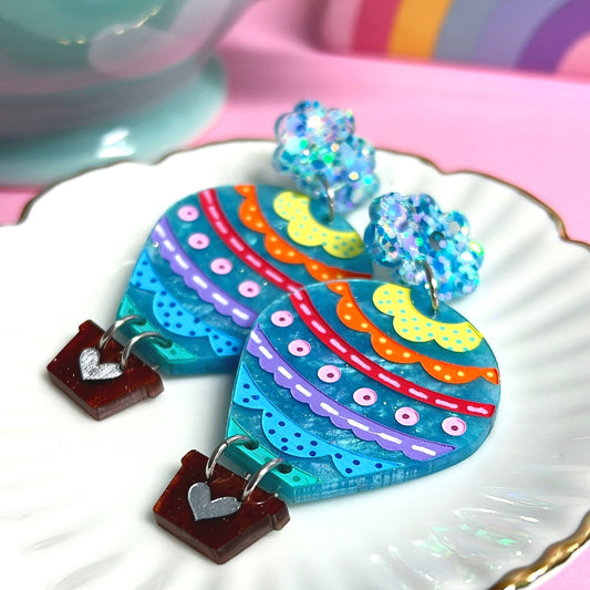 LET’S FLY AWAY : SKY BLUE SHIMMER HOT AIR BALLOONS : Handmade Resin & Acrylic Drop Earrings