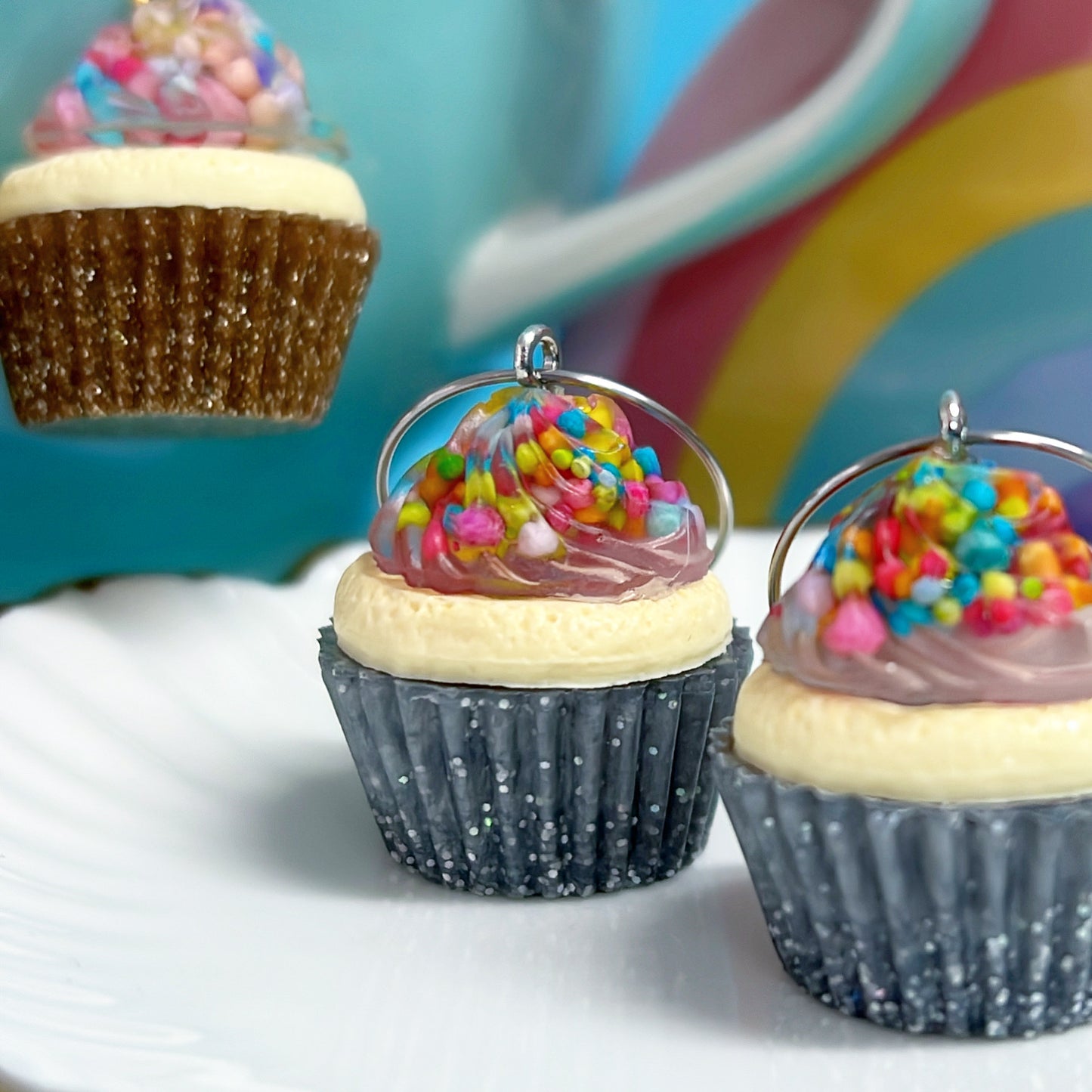 RAINBOW SPRINKLE CUPCAKES: Handmade Resin Earrings : Brooches : Pendants