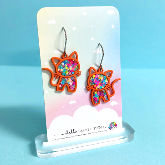 HELLO RAINBOW KITTY CAT : Handmade Resin DROP Earrings